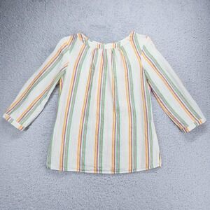 Boden Linen Tunic Blouse Womens 4 Multicolor Stripe 3/4 Sleeve Button Boat Neck